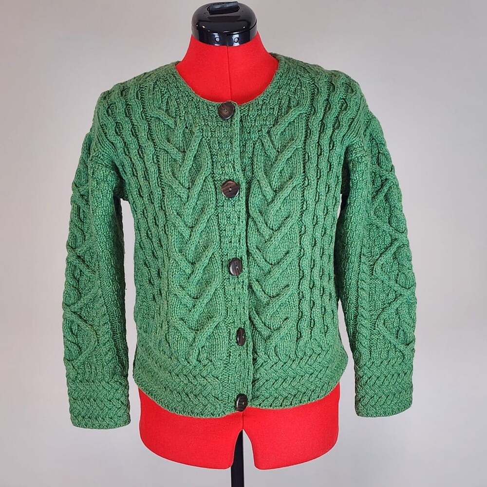 ​Aran Isles Knitwear Green 100% Merino Wool Irish Cable Knit Button Cardigan